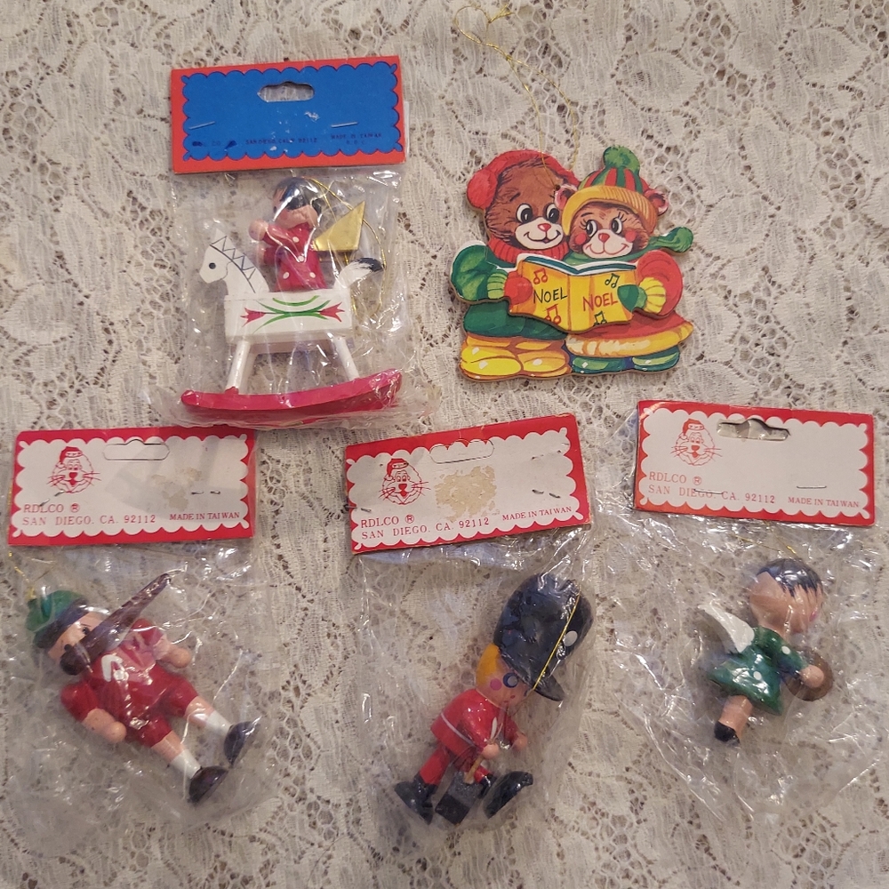 5 Vintage Wooden Christmas Ornaments Toy Soldier Angel Baseball Player Horse